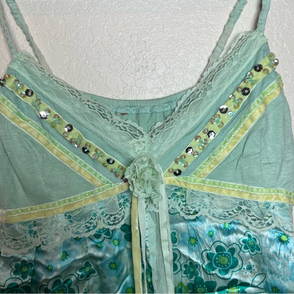 Y2K vintage silk babydoll floral lace sheer mesh velvet sequins  cami top fairy - Picture 3 of 8